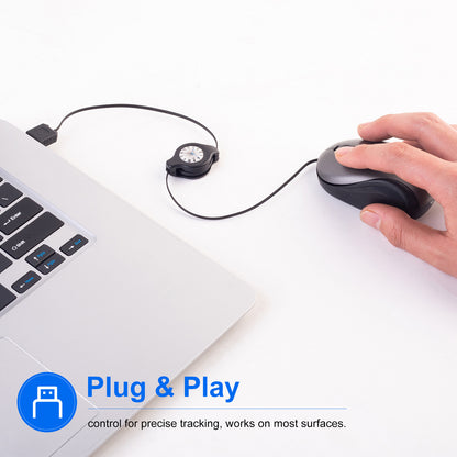 Grey and Black Portable Mini USB Mouse with Retractable Cable - Compact Travel Mouse for PC and Laptop V888-ELOSUNG36162
