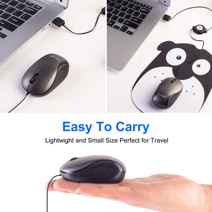 Grey and Black Portable Mini USB Mouse with Retractable Cable - Compact Travel Mouse for PC and Laptop V888-ELOSUNG36162