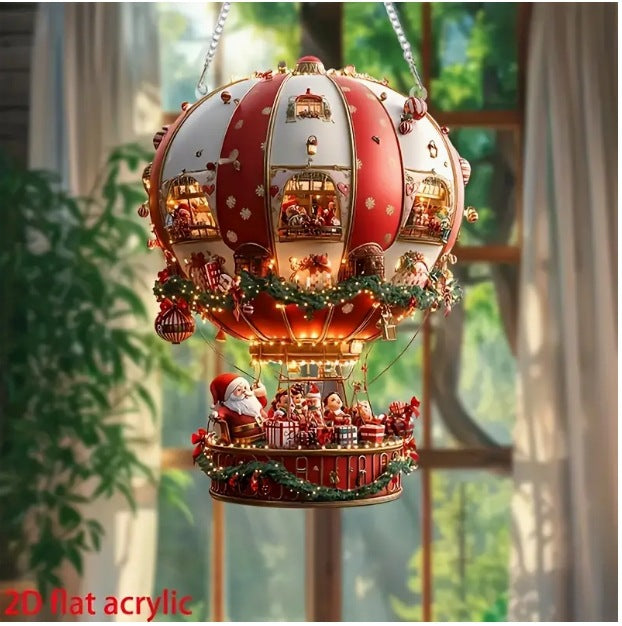 Red Whimsical Santa's Hot Air Balloon Ornament - 2D Flat Acrylic Hanging Decoration for Wall & Tree V888-ELOSUNG36214