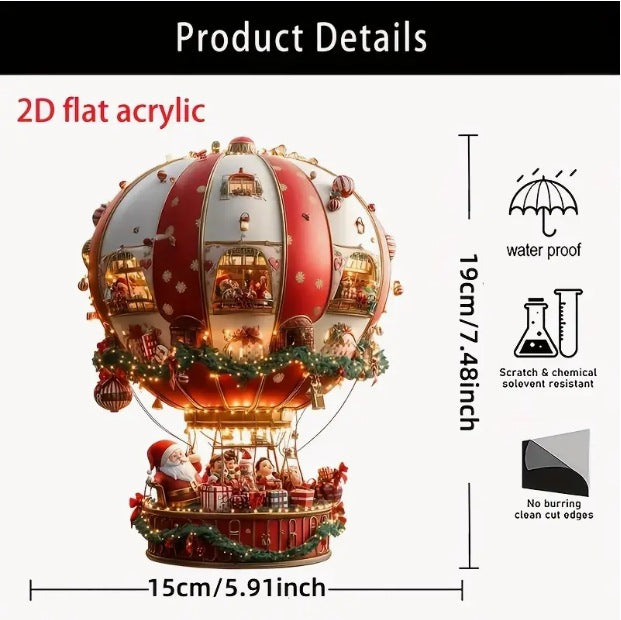 Red Whimsical Santa's Hot Air Balloon Ornament - 2D Flat Acrylic Hanging Decoration for Wall & Tree V888-ELOSUNG36214