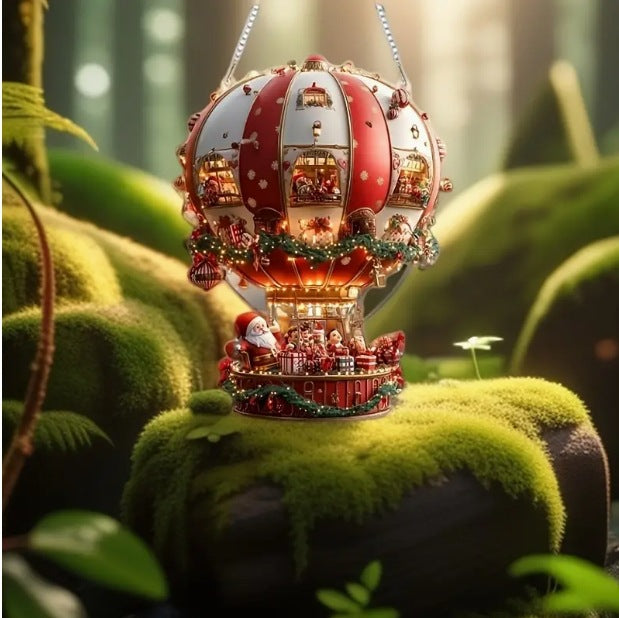 Red Whimsical Santa's Hot Air Balloon Ornament - 2D Flat Acrylic Hanging Decoration for Wall & Tree V888-ELOSUNG36214