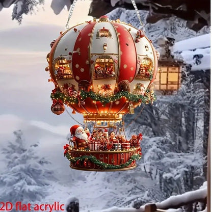 Red Whimsical Santa's Hot Air Balloon Ornament - 2D Flat Acrylic Hanging Decoration for Wall & Tree V888-ELOSUNG36214