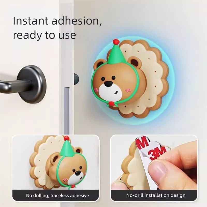 3 Pcs (Pink + Brown + Yellow) Adorable Bear Wall Protector - Multi-Use Self-Adhesive Door Stopper Bumper V888-ELOSUNG36218