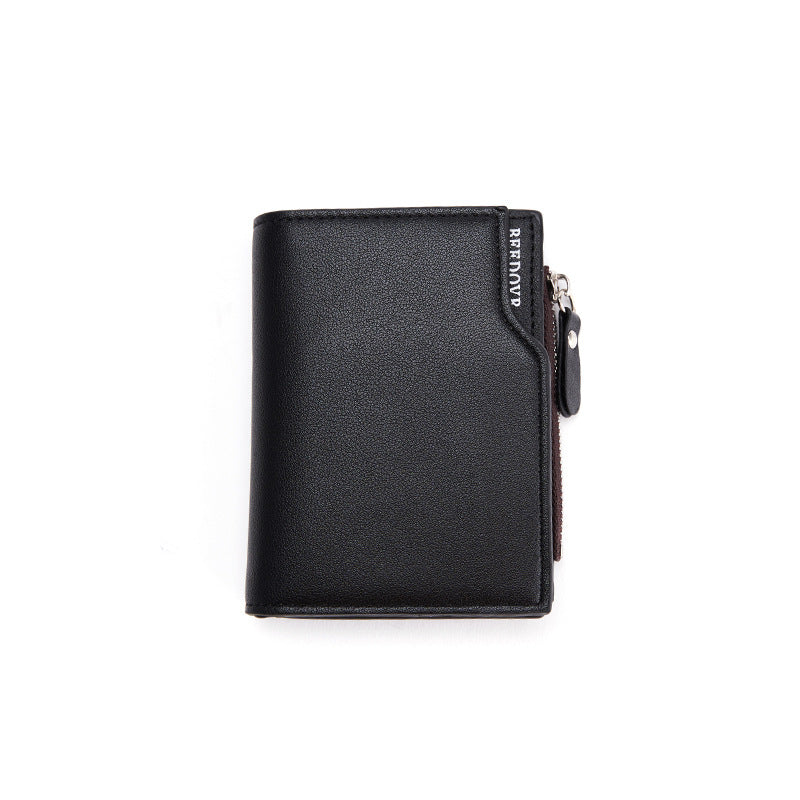 Black Men's Slim Vertical Bifold Wallet - PU Leather Card Holder with Zipper Coin Pocket and ID Window V888-ELOSUNG36225