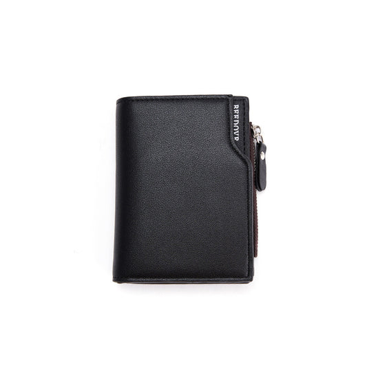 Black Men's Slim Vertical Bifold Wallet - PU Leather Card Holder with Zipper Coin Pocket and ID Window V888-ELOSUNG36225