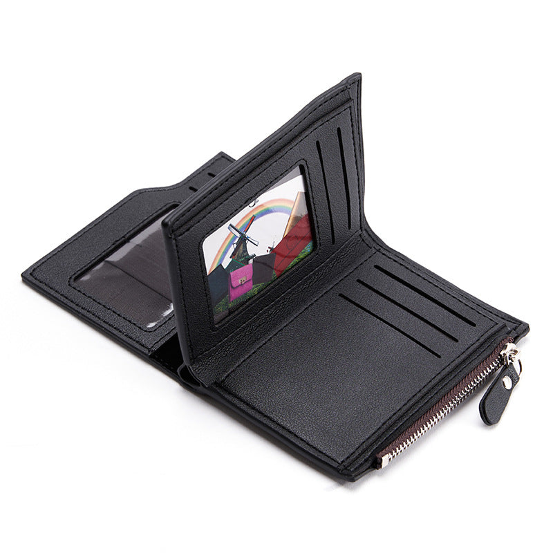 Black Men's Slim Vertical Bifold Wallet - PU Leather Card Holder with Zipper Coin Pocket and ID Window V888-ELOSUNG36225