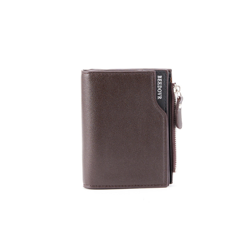 Brown Men's Slim Vertical Bifold Wallet - PU Leather Card Holder with Zipper Coin Pocket and ID Window V888-ELOSUNG36226