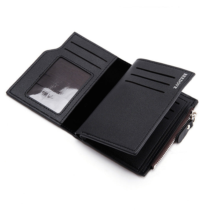 Brown Men's Slim Vertical Bifold Wallet - PU Leather Card Holder with Zipper Coin Pocket and ID Window V888-ELOSUNG36226