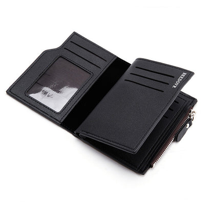 Brown Men's Slim Vertical Bifold Wallet - PU Leather Card Holder with Zipper Coin Pocket and ID Window V888-ELOSUNG36226