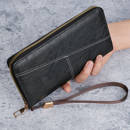Black Men's Long Zipper Wallet Clutch - PU Leather Wristlet with Phone and Card Slots V888-ELOSUNG36229