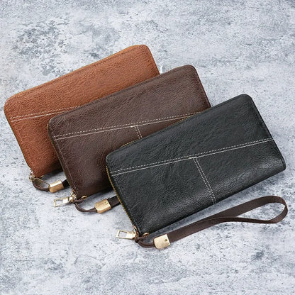 Black Men's Long Zipper Wallet Clutch - PU Leather Wristlet with Phone and Card Slots V888-ELOSUNG36229