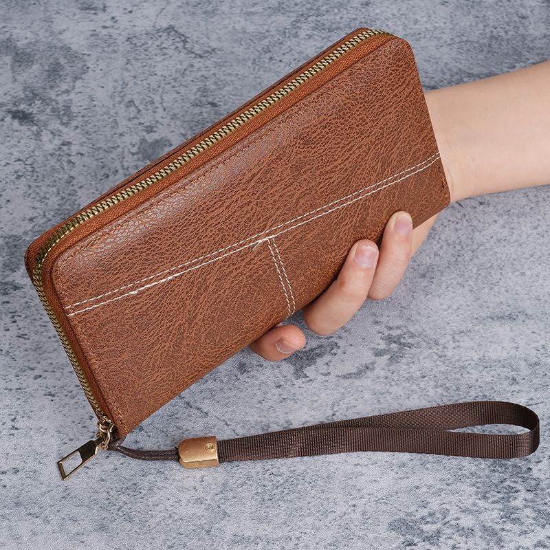 Brown Men's Long Zipper Wallet Clutch - PU Leather Wristlet with Phone and Card Slots V888-ELOSUNG36231