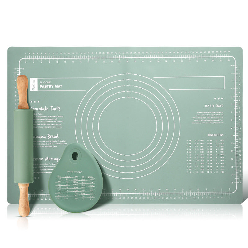 Green 3-Piece Silicone Baking Set - Non-Stick Pastry Mat with Measurements, Rolling Pin & Dough Scraper V888-ELOSUNG36245