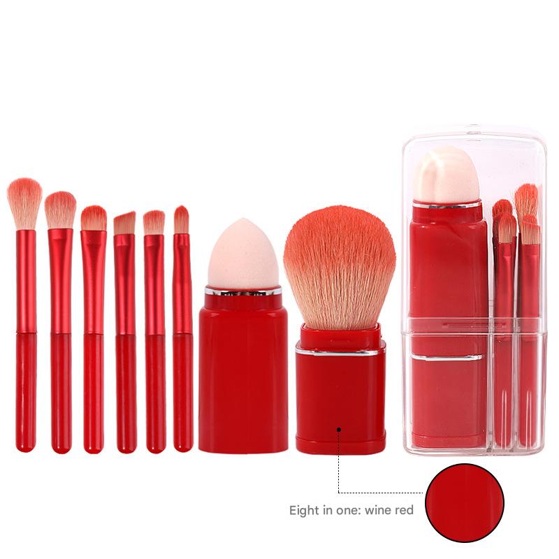 Wine Red Compact 8-in-1 Makeup Brush Set - Portable Travel Kit with Retractable Brushes and Case V888-ELOSUNG36246
