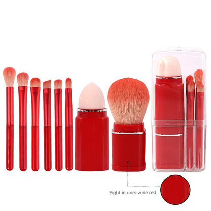 Wine Red Compact 8-in-1 Makeup Brush Set - Portable Travel Kit with Retractable Brushes and Case V888-ELOSUNG36246