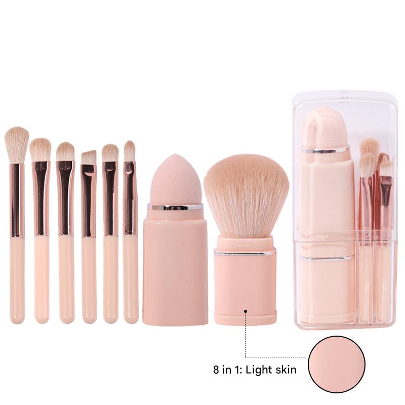 Lighgt Pink Compact 8-in-1 Makeup Brush Set - Portable Travel Kit with Retractable Brushes and Case V888-ELOSUNG36247