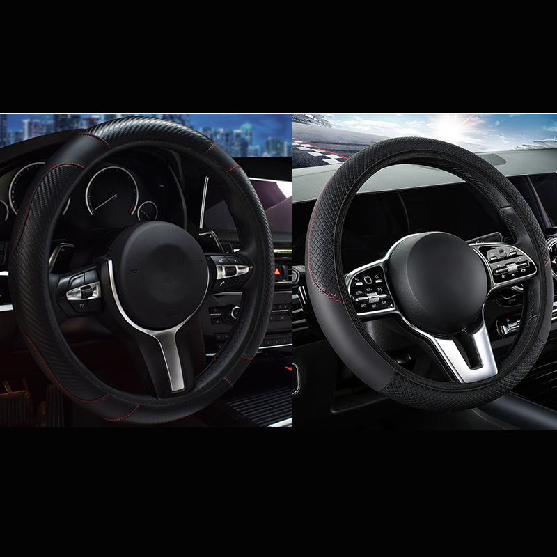 2-Pack (Type A + Type B)Black Sporty Carbon Fiber Leather Steering Wheel Cover - Universal 38cm Easy-Fit V888-ELOSUNG36260
