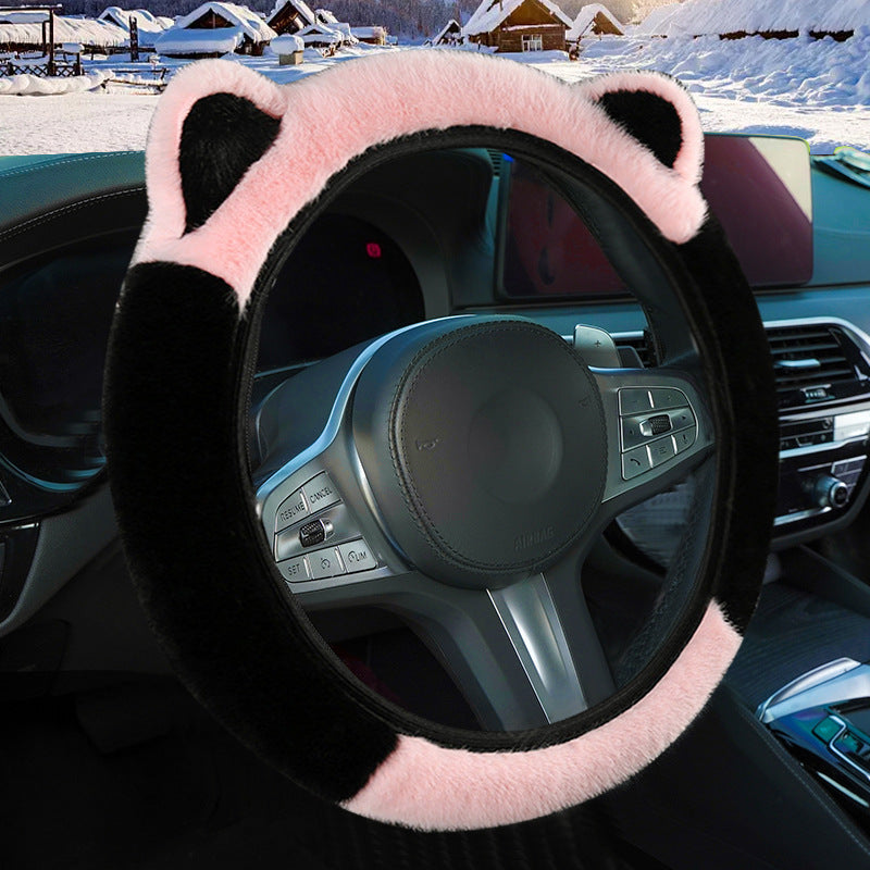Pink Stitching Black Plush Cat Ear Steering Wheel Cover - Cute & Fuzzy Winter Grip, Universal 38cm Fit V888-ELOSUNG36261