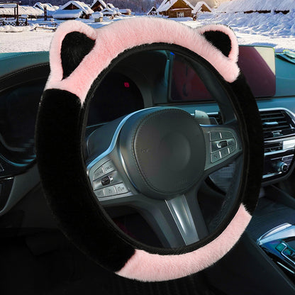 Pink Stitching Black Plush Cat Ear Steering Wheel Cover - Cute & Fuzzy Winter Grip, Universal 38cm Fit V888-ELOSUNG36261