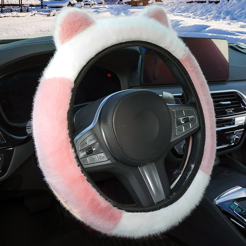 Pink Stitching White Plush Cat Ear Steering Wheel Cover - Cute & Fuzzy Winter Grip, Universal 38cm Fit V888-ELOSUNG36262