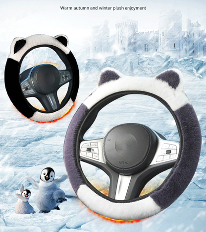 Pink Stitching White Plush Cat Ear Steering Wheel Cover - Cute & Fuzzy Winter Grip, Universal 38cm Fit V888-ELOSUNG36262
