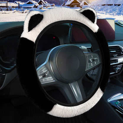 Black Stitching White Plush Cat Ear Steering Wheel Cover - Cute & Fuzzy Winter Grip, Universal 38cm Fit V888-ELOSUNG36263