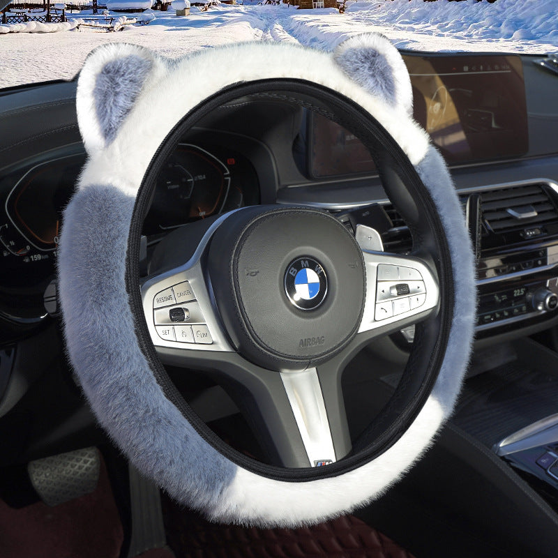 Blue Stitching White Plush Cat Ear Steering Wheel Cover - Cute & Fuzzy Winter Grip, Universal 38cm Fit V888-ELOSUNG36264