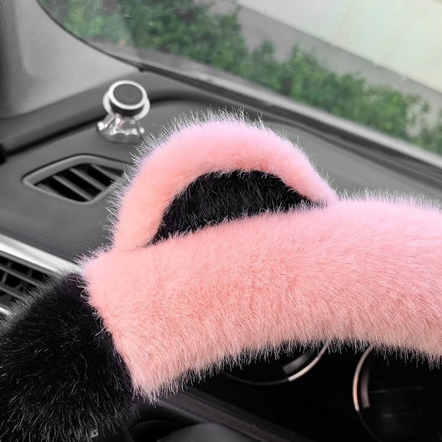 Blue Stitching White Plush Cat Ear Steering Wheel Cover - Cute & Fuzzy Winter Grip, Universal 38cm Fit V888-ELOSUNG36264