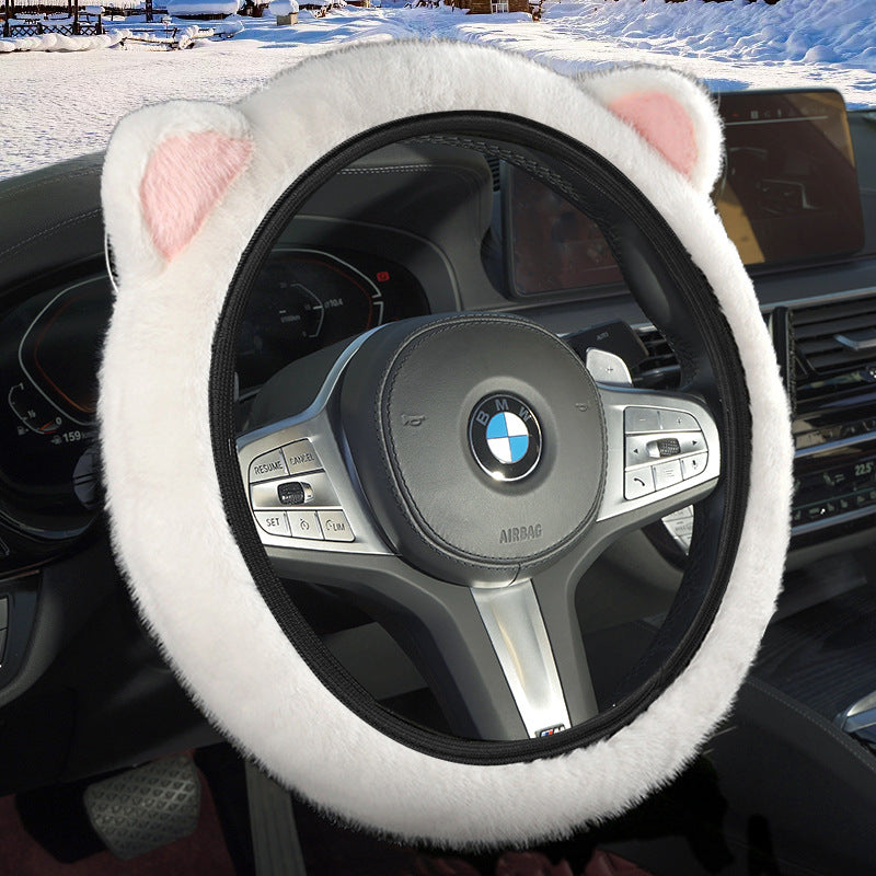 White Plush Cat Ear Steering Wheel Cover - Cute & Fuzzy Winter Grip, Universal 38cm Fit V888-ELOSUNG36265
