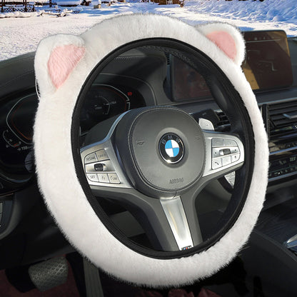 White Plush Cat Ear Steering Wheel Cover - Cute & Fuzzy Winter Grip, Universal 38cm Fit V888-ELOSUNG36265