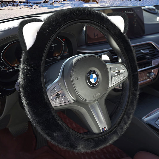 Black Plush Cat Ear Steering Wheel Cover - Cute & Fuzzy Winter Grip, Universal 38cm Fit V888-ELOSUNG36266