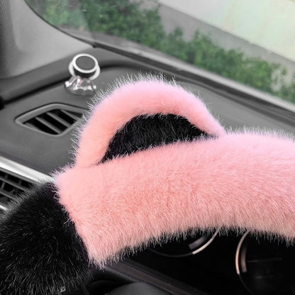 Black Plush Cat Ear Steering Wheel Cover - Cute & Fuzzy Winter Grip, Universal 38cm Fit V888-ELOSUNG36266