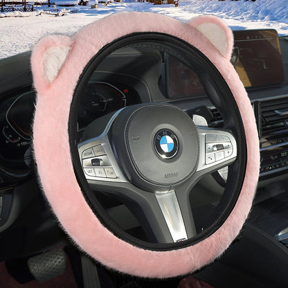 Pink Plush Cat Ear Steering Wheel Cover - Cute & Fuzzy Winter Grip, Universal 38cm Fit V888-ELOSUNG36267