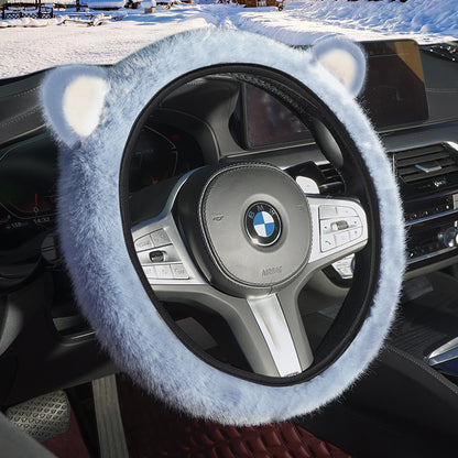 Blue Plush Cat Ear Steering Wheel Cover - Cute & Fuzzy Winter Grip, Universal 38cm Fit V888-ELOSUNG36268