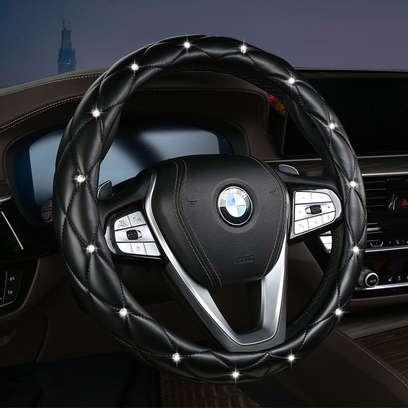 Black Luxury Bling Steering Wheel Cover - Black Quilted Leather with Crystal Rhinestones, Universal 38cm Fit V888-ELOSUNG36269