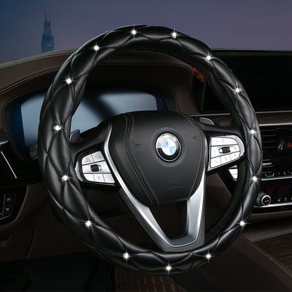 Black Luxury Bling Steering Wheel Cover - Black Quilted Leather with Crystal Rhinestones, Universal 38cm Fit V888-ELOSUNG36269