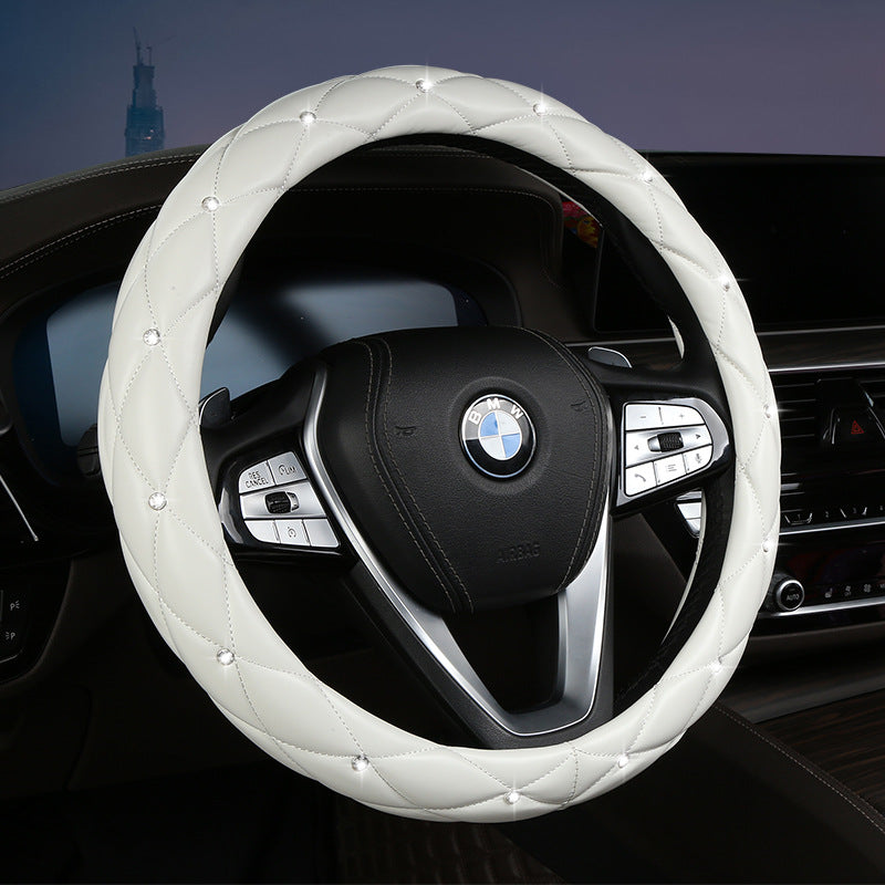 White Luxury Bling Steering Wheel Cover - Black Quilted Leather with Crystal Rhinestones, Universal 38cm Fit V888-ELOSUNG36270