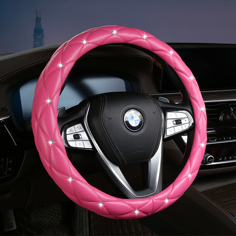 Rose Red Luxury Bling Steering Wheel Cover - Black Quilted Leather with Crystal Rhinestones, Universal 38cm V888-ELOSUNG36271