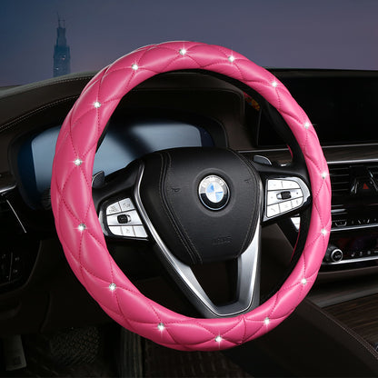 Rose Red Luxury Bling Steering Wheel Cover - Black Quilted Leather with Crystal Rhinestones, Universal 38cm V888-ELOSUNG36271