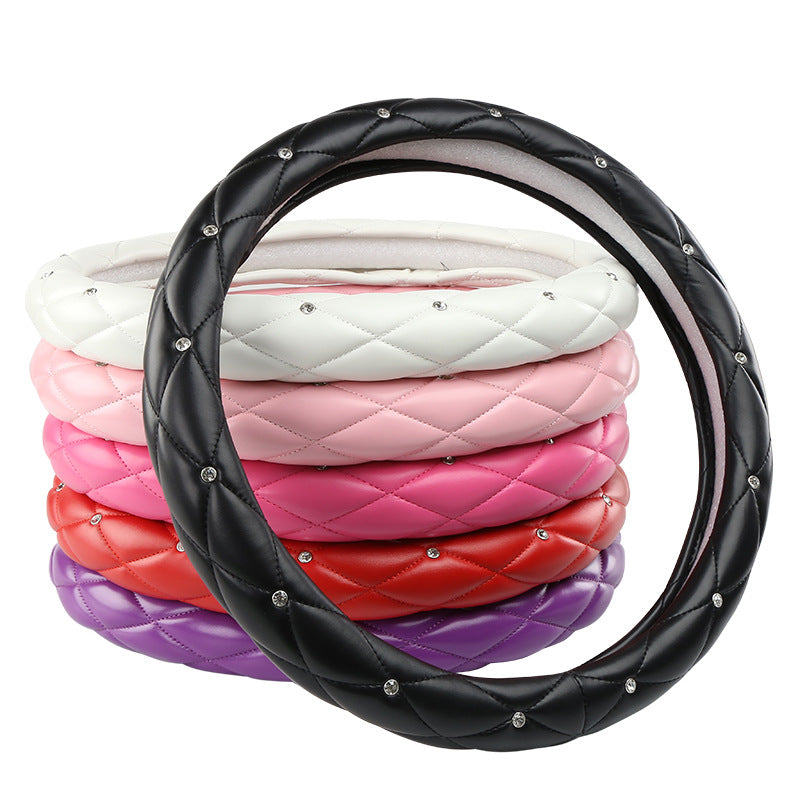 Rose Red Luxury Bling Steering Wheel Cover - Black Quilted Leather with Crystal Rhinestones, Universal 38cm V888-ELOSUNG36271
