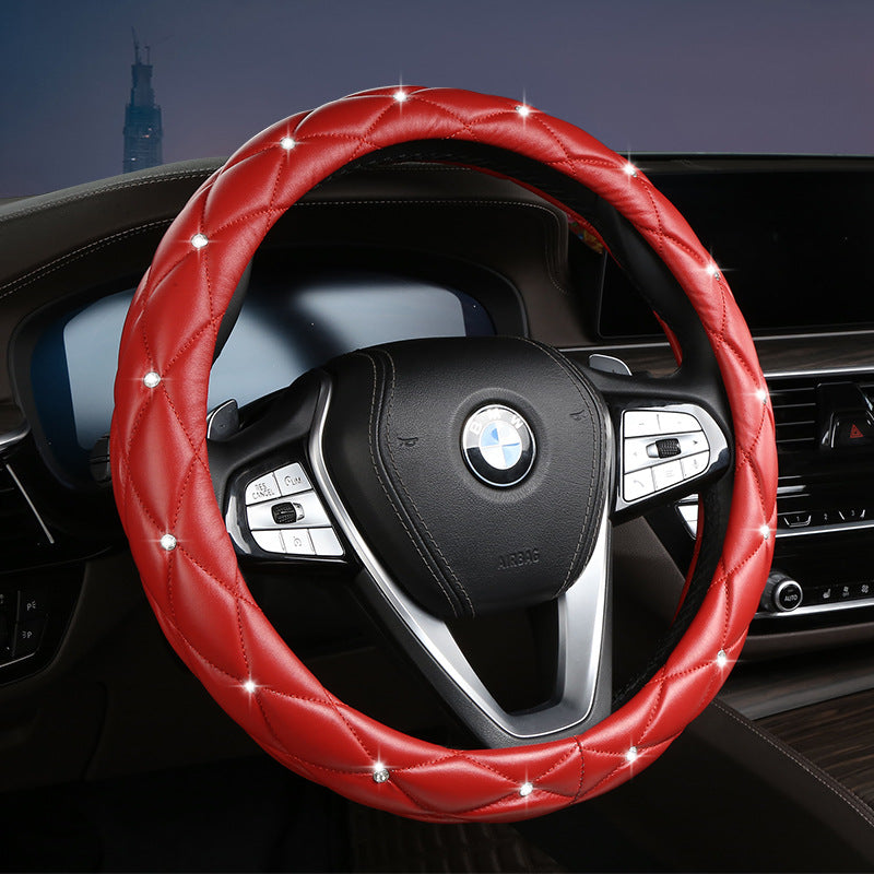 Red Luxury Bling Steering Wheel Cover - Black Quilted Leather with Crystal Rhinestones, Universal 38cm Fit V888-ELOSUNG36272