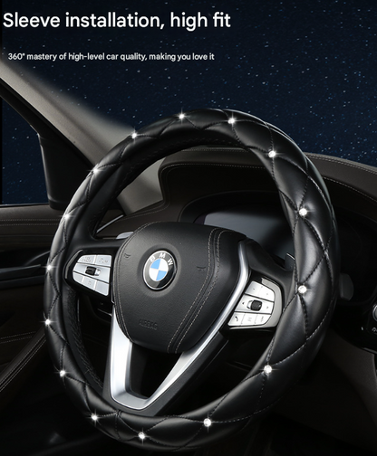 Red Luxury Bling Steering Wheel Cover - Black Quilted Leather with Crystal Rhinestones, Universal 38cm Fit V888-ELOSUNG36272