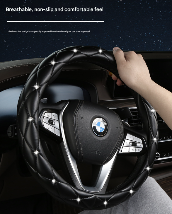 Red Luxury Bling Steering Wheel Cover - Black Quilted Leather with Crystal Rhinestones, Universal 38cm Fit V888-ELOSUNG36272