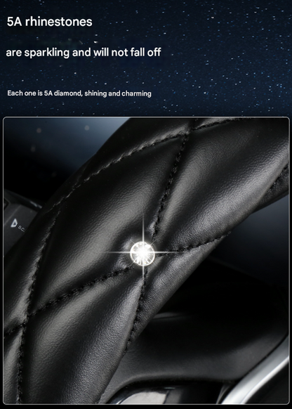 Red Luxury Bling Steering Wheel Cover - Black Quilted Leather with Crystal Rhinestones, Universal 38cm Fit V888-ELOSUNG36272