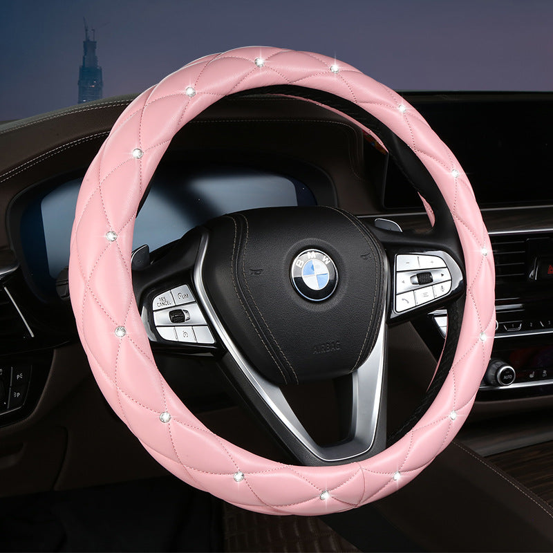 Pink Luxury Bling Steering Wheel Cover - Black Quilted Leather with Crystal Rhinestones, Universal 38cm Fit V888-ELOSUNG36273