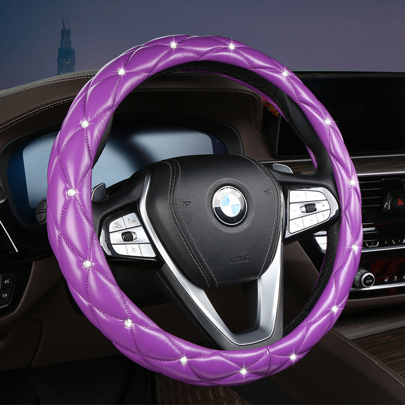 Purple Luxury Bling Steering Wheel Cover - Black Quilted Leather with Crystal Rhinestones, Universal 38cm Fit V888-ELOSUNG36274