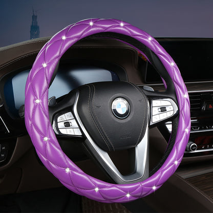 Purple Luxury Bling Steering Wheel Cover - Black Quilted Leather with Crystal Rhinestones, Universal 38cm Fit V888-ELOSUNG36274