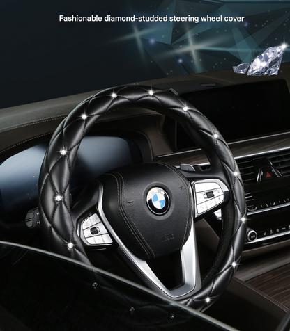 Purple Luxury Bling Steering Wheel Cover - Black Quilted Leather with Crystal Rhinestones, Universal 38cm Fit V888-ELOSUNG36274
