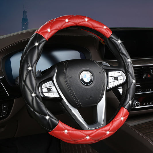 Black and Red Luxury Bling Steering Wheel Cover - Black Quilted Leather with Crystal Rhinestones, Universal V888-ELOSUNG36276