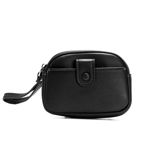 Black Womens Compact PU Leather Coin Purse - Stylish Mini Wallet Wristlet with Card Holder and Key Ring V888-ELOSUNG36281